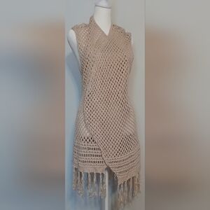 Artesia Tan Crochet Fringe Vest